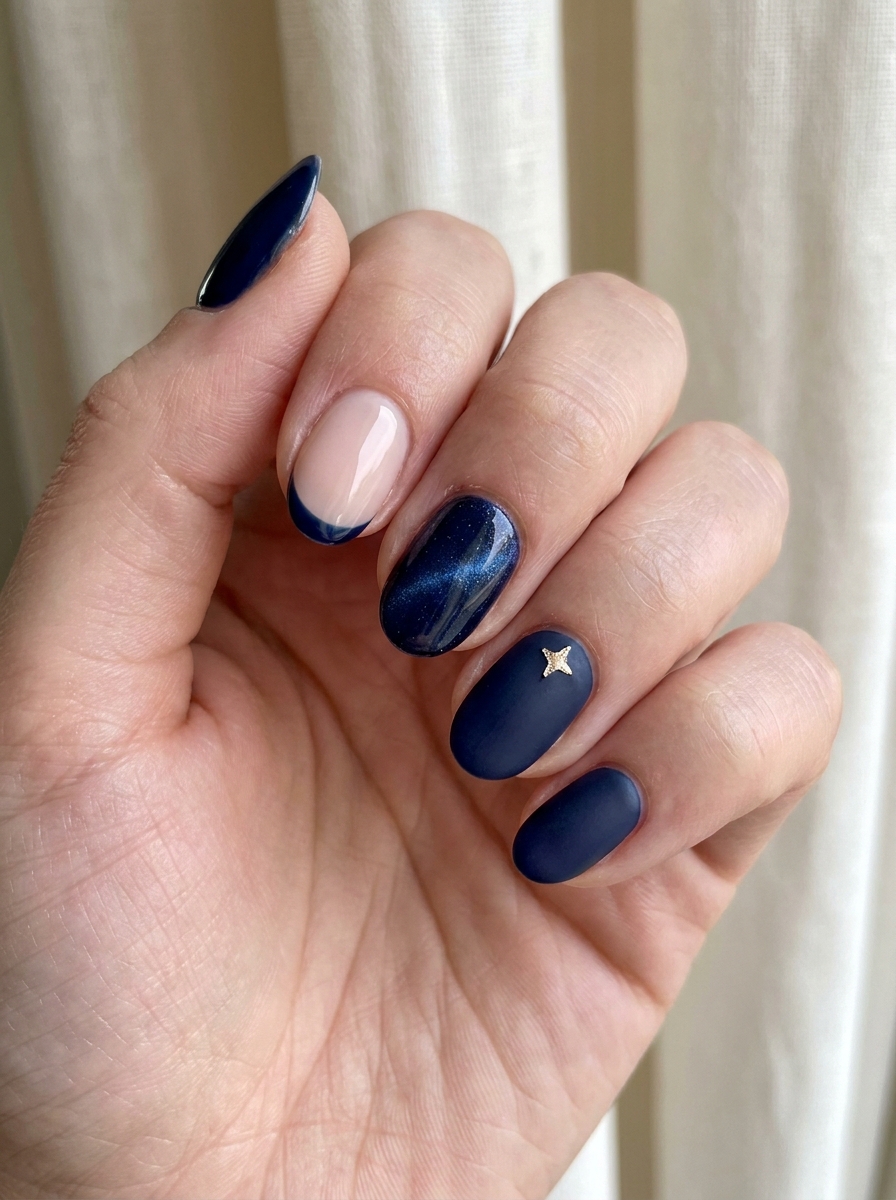 Modern Mixed Navy Nails als Dunkelblaue Nägel Ideen Inspiration 2026